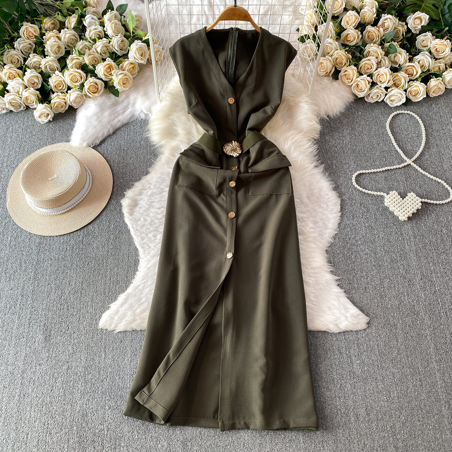 Sophisticated V-Neck Sleeveless Blazer Dress With Metal Buttons, Slimming Waist & High Slit_ecoleips.com