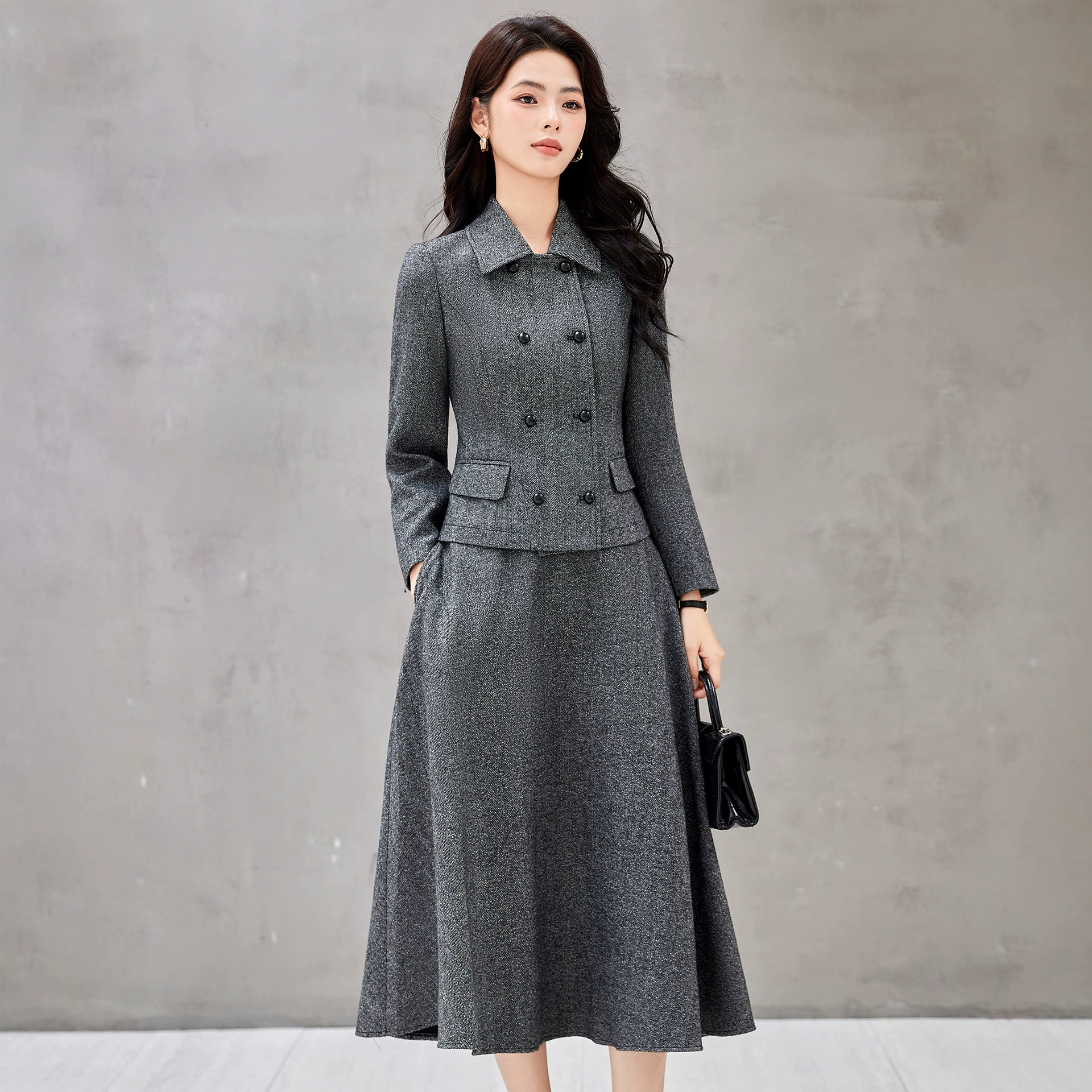 深灰色毛呢西装外套女秋冬新款修身职场通勤日常小个子半身裙套装