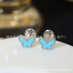 V金高版本四叶草小蝴蝶耳钉女厚镀18K玫瑰金天然灰贝母蓝玉髓耳环