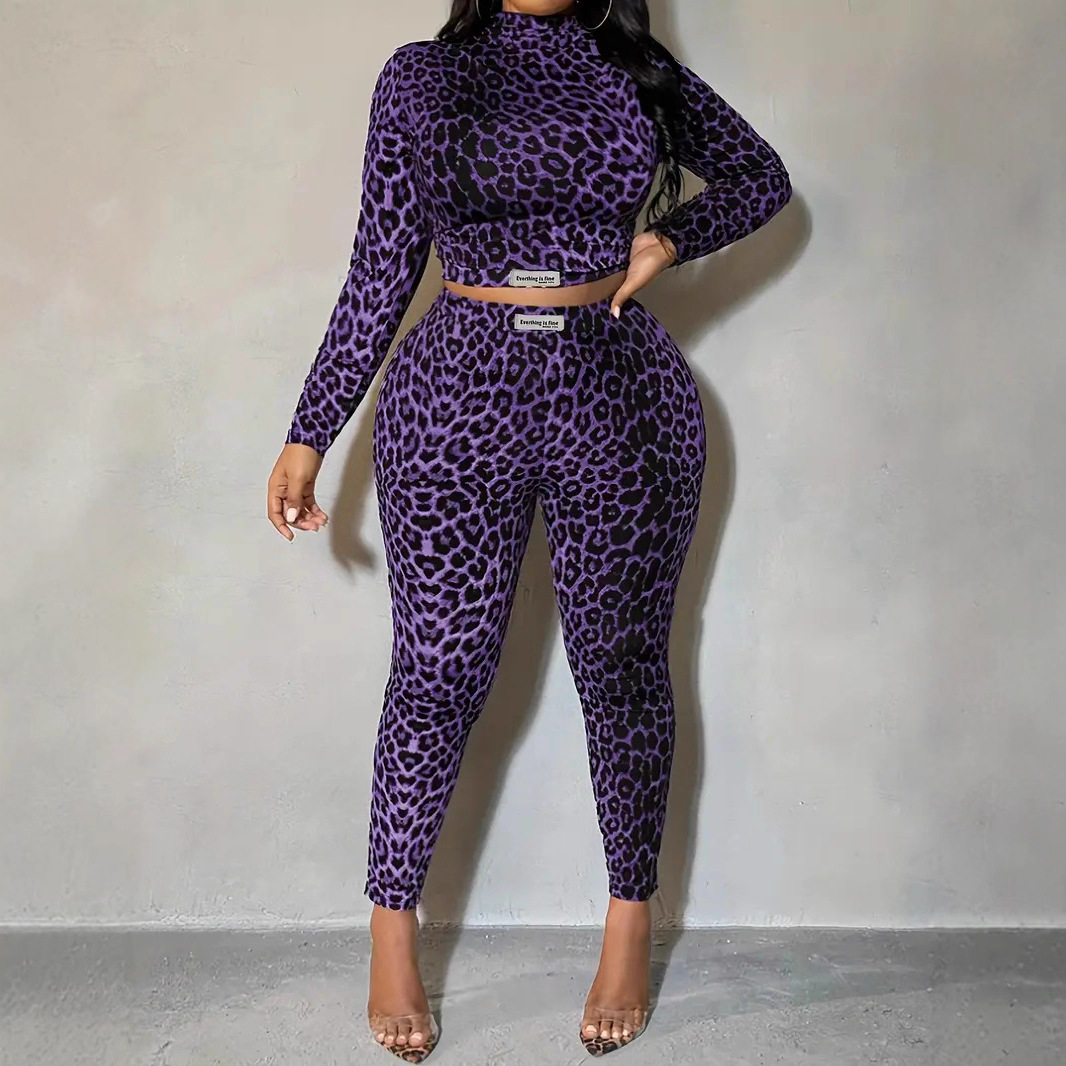 Modisches zweiteiliges Set mit Leopardenmuster für Damen: Langarmshirt und hochgeschnittene Hose – perfekt für Freizeit und Büro._voghion.com