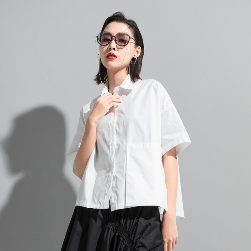 Summer European and American Dark Simple Women's Shirts Hong Kong Style Trendy Designer Irregular Short-Sleeved Women's Shirts