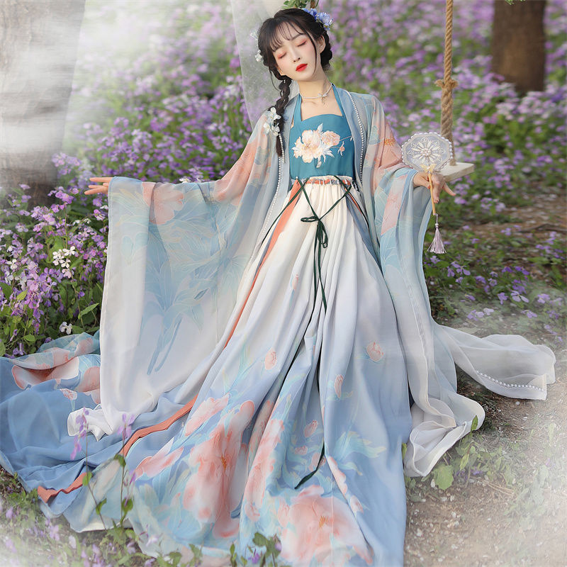 Tang Dynasty Hanfu Fairy dress for womenhanfu female adult students Chinese  wind pearl pendant myrobalan printed skirt gradient han elements