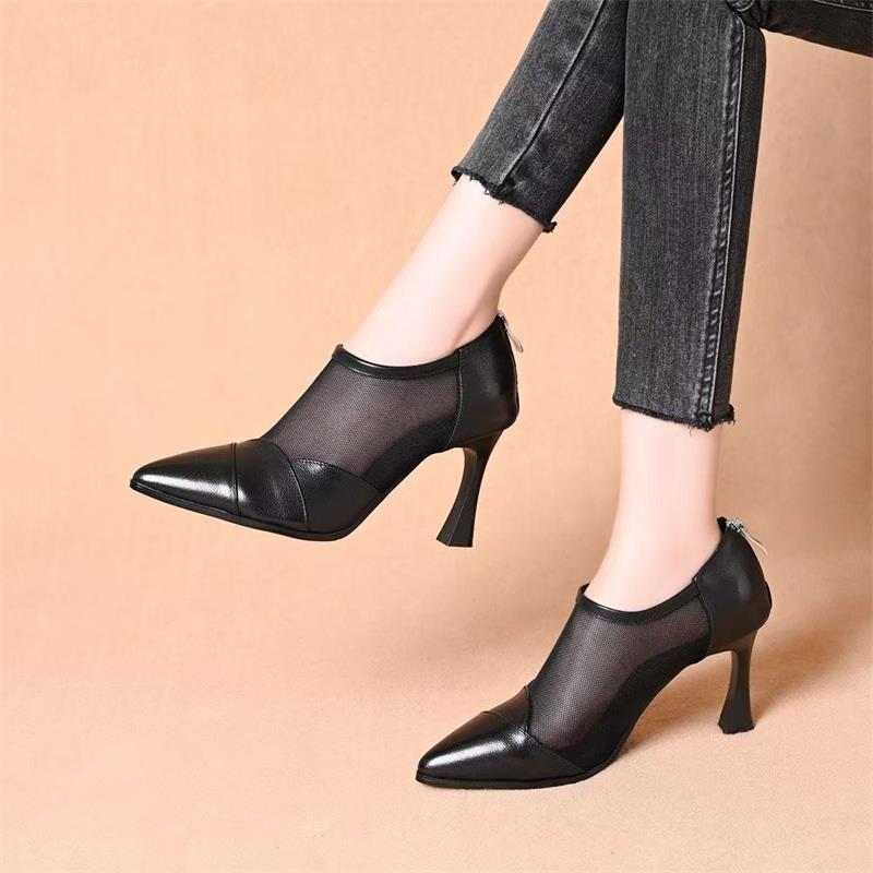 Botas de malla de cuero suave de talón fino 2026 verano nuevo zapato de punta trasero ventilado con cremallera extranjera zapatos de tacones altos