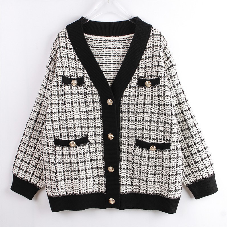Knitted Coat Women Cardigan Plaid Loose Korean Style Spring and Autumn Sweater 2021 New Thickened  Western Style Outerwear in Cardigans