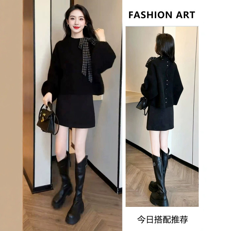 Luofen niche fabric designer brand elegant bow-knot knit top paired with a commuter short skirt set for autumn Luofen niche fabric designer brand elegant bow-knot knit top paired with a commuter short skirt set for autumn