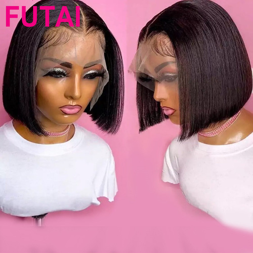 Double Drawn BOB Wig with Lace Front Cap Straight Human Hair Fake Hair