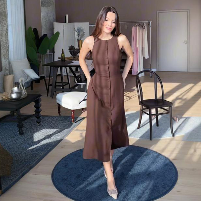 in stock 2025 Summer New European and American Cross-border Foreign Trade Women's Sleeveless Button Waist Elegant Fashion dress Women