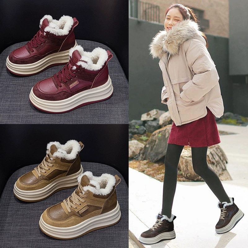Женские кроссовки на толстой подошве 2025, новые повседневные универсальные утепленные бархатные ботинки с эффектом увеличения роста для спорта и снега