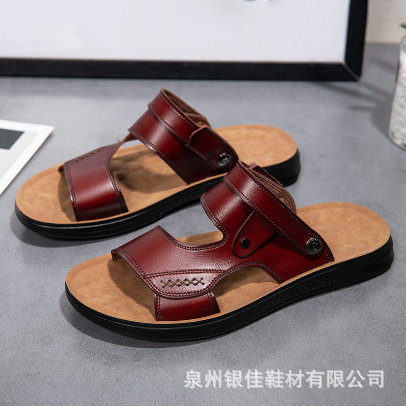 Dép sandal nam quai ngang hở ngón chất liệu da PU chống trơn thoáng khí — Nâu Đen, Nâu đậm, Đỏ rượu