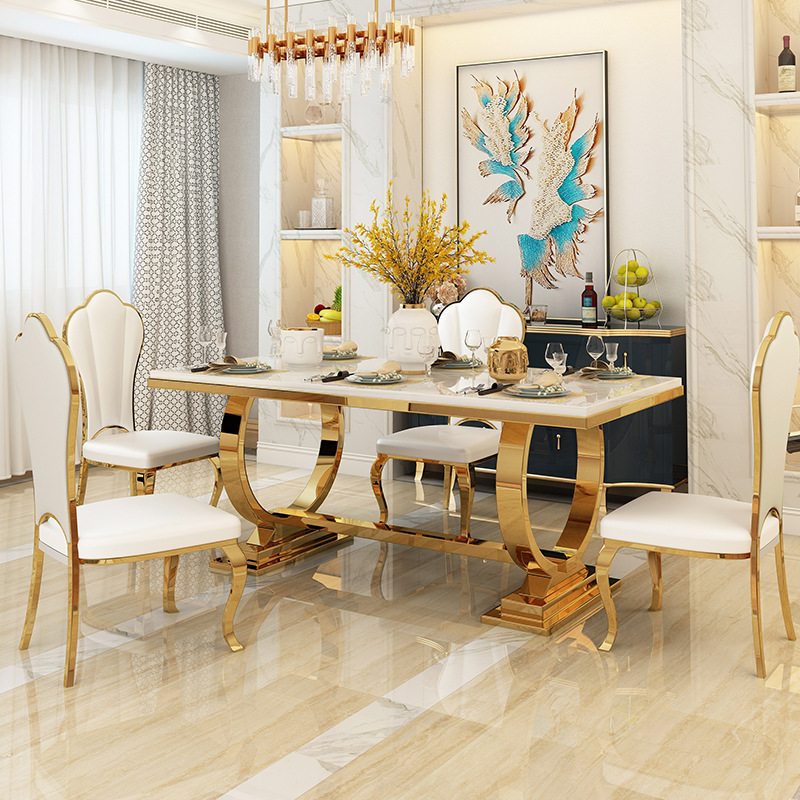 Light Luxury Titanium Golden Stainless Steel Marble Dining Table and Chair Combination Simple Modern Fashion Internet Celebrity Household Dining Table for 6