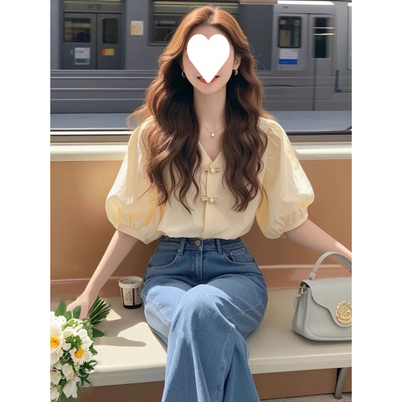 新中式杏色短袖衬衫女夏季轻奢高级感温柔气质法式泡泡袖盘扣上衣|undefined