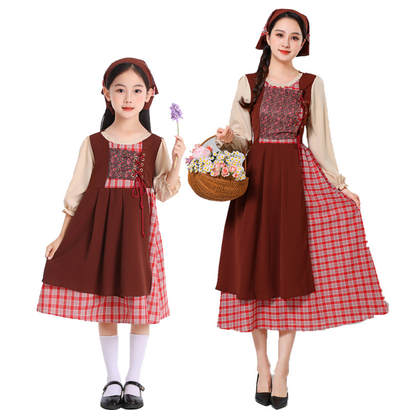 Match Little Girl Pastoral Children Adult Plaid dress Retro Linen Fake Two-piece Performance Costume
