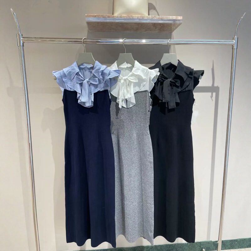Japanese Style 2025 Autumn New Ji Huiyuan Same Style Shirt Collar Splicing Fake Two-Piece Knit Dress Mid-Length Women