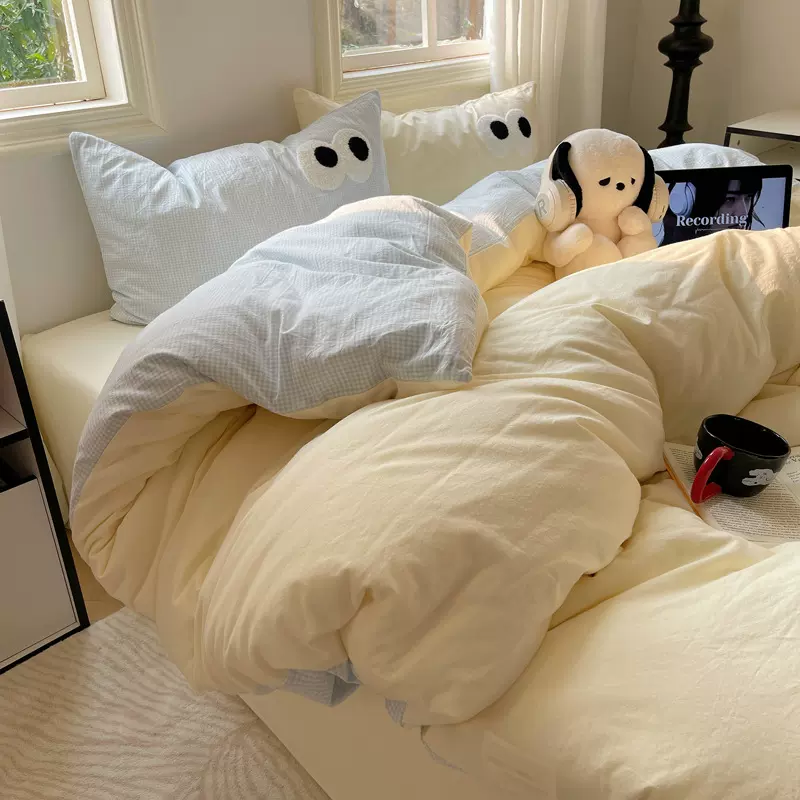 批发ins多巴胺毛巾绣大眼睛条纹纯棉四件套全棉马卡龙水洗棉4件套