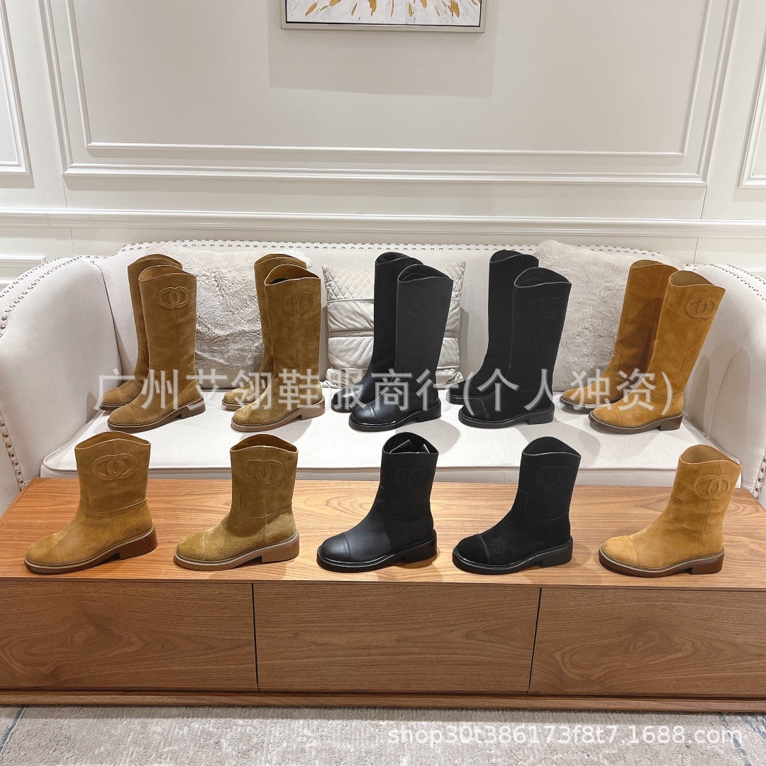 小香风美拉德圆头增高粗跟马丁靴女2024新款厚底套筒中高筒女式靴