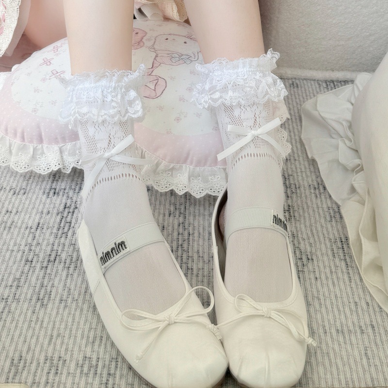 蕾丝花边小腿袜春夏洛丽塔镂空中筒袜蝴蝶结芭蕾风Lolita袜子薄款|undefined