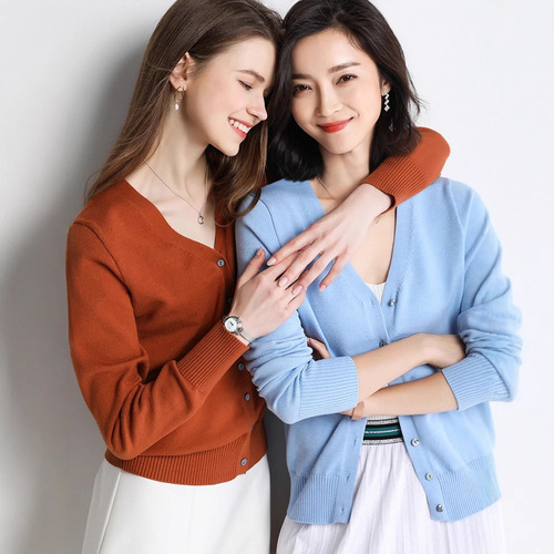 Women's Spring and Autumn Wool Cardigan Short Sleeve V-Neck Thin Loose Knit Long-Sleeve Sweater Korean Version Fashion Outerwear