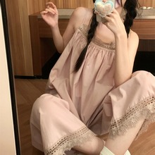 2024韩国新品法式甜美少女蕾丝花边吊带长裤家居服睡衣套装