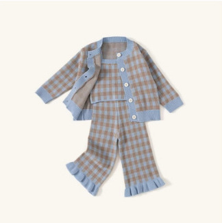 2024春秋款儿童毛衣套装女童休闲针织三件套中小童格子潮流童装潮