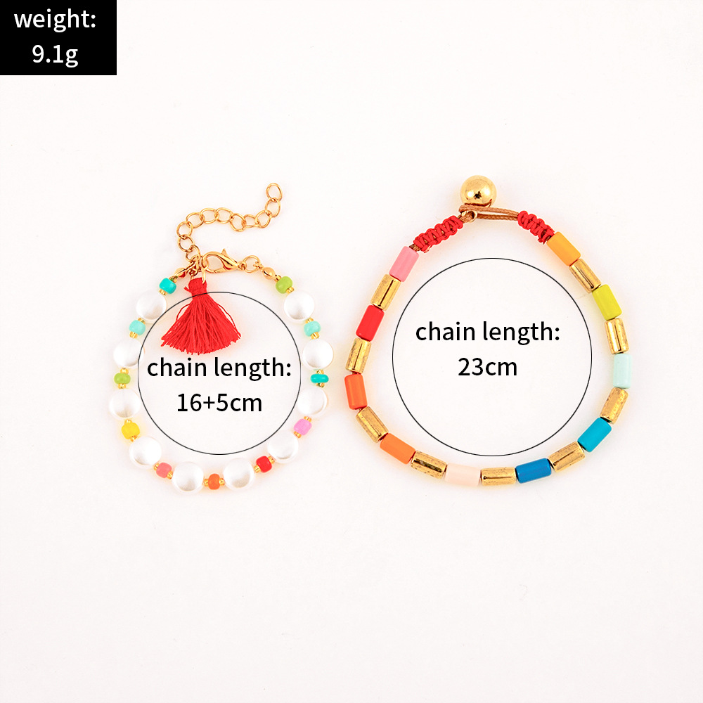 Bohemian Style New Paint Color Splicing Tube Pearl Tassel Bracelet Fashion Two-piece Set display picture 2