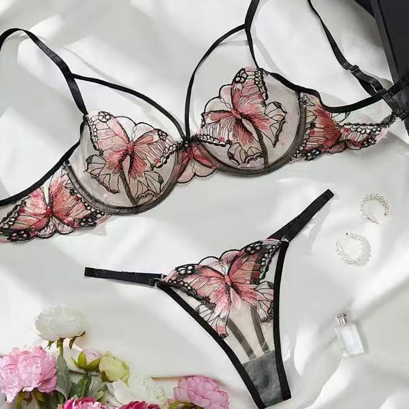 French European and American Sexy Lingerie Lace Mesh Sexy See-Through Butterfly Embroidered Bra Thong Sexy Suit