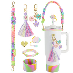 7-piece set color hand-made rope sling tassel four-leaf clover cup chain ornaments silicone cup holder cloud straw cap stopper