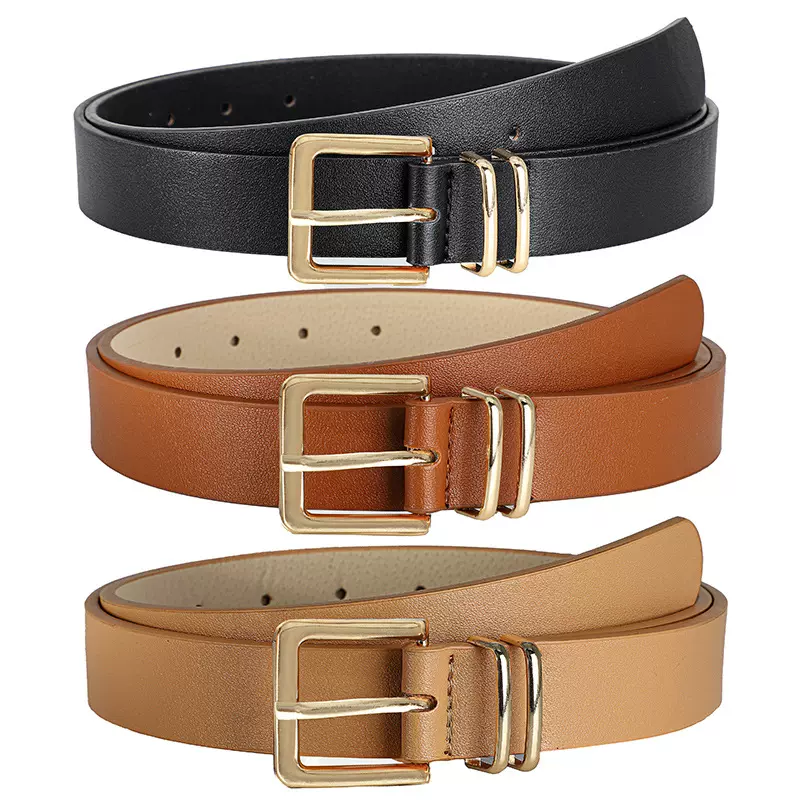 新款复古风女士时尚皮带双金属圈百搭装饰服饰牛仔裤平板方扣腰带