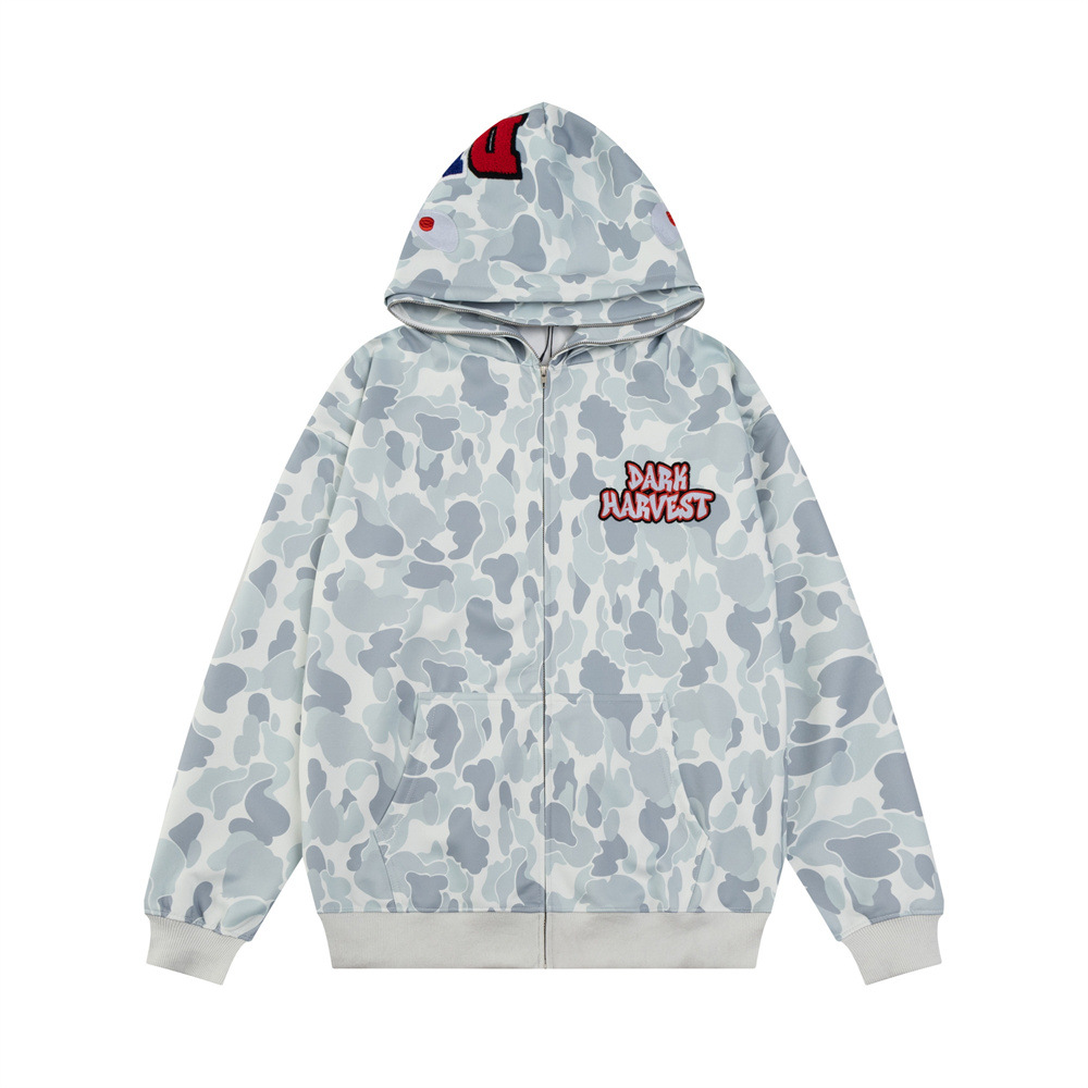 Sweat-shirt à capuche zippé style requin pour homme, style streetwear, camouflage, double capuche, broderie de lettres, veste décontractée_voghion.com