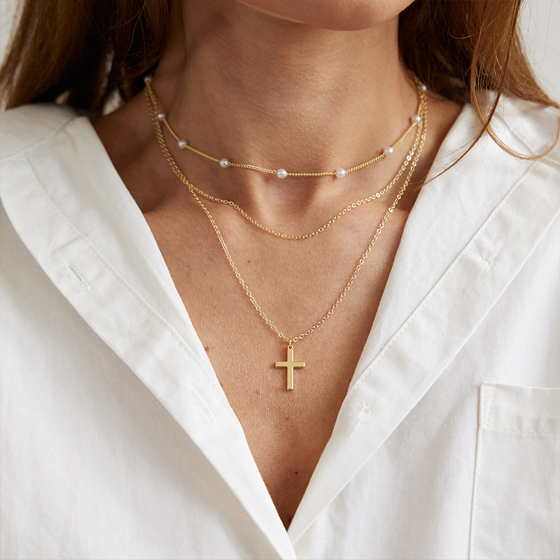 Luxury Light Copper Gold-Plated Necklace with Real Gold Cross Pearl Chain Clavicle Fashion Multi-Layered Choker_voghion.com