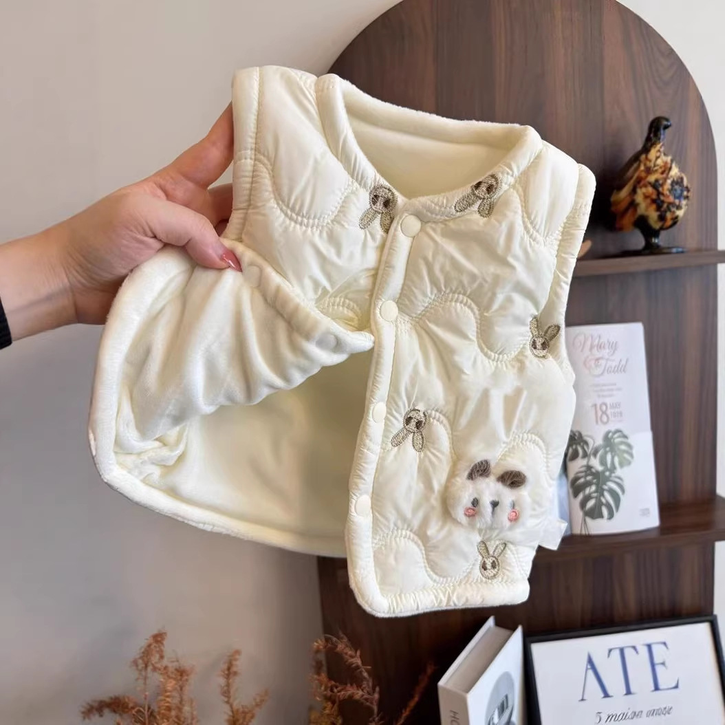 Autumn/Winter Girls' Cotton-padded Vest, Stylish Baby Children's Fashion Brand Korean Cartoon Fleece-lined Thick Vest