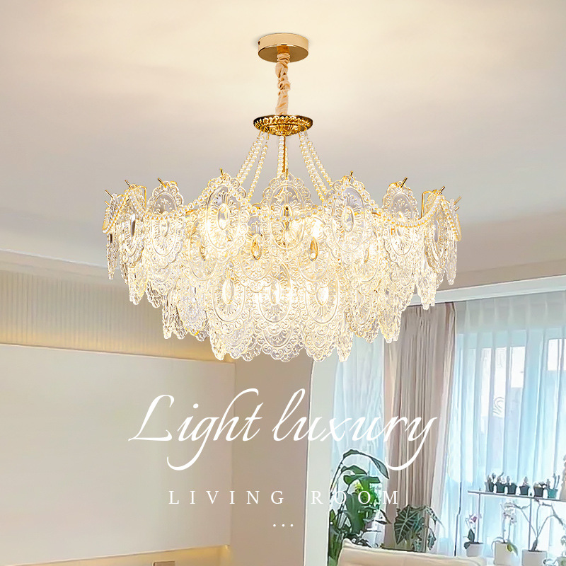 Red de sala de estar creativa luz roja viento de perla moderna crema simple lujosa francesa lámpara de vidrio del dormitorio cristal de atmósfera