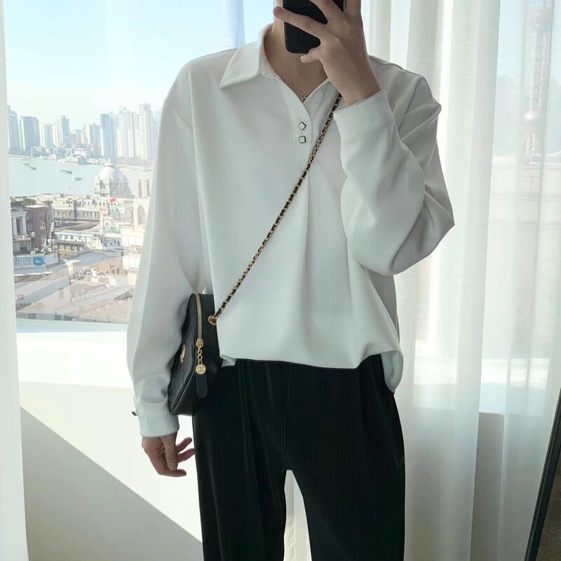 Lazy style pullover shirt men's solid color long sleeve Korean style trendy new high-grade draping fragrance style button shirt autumn