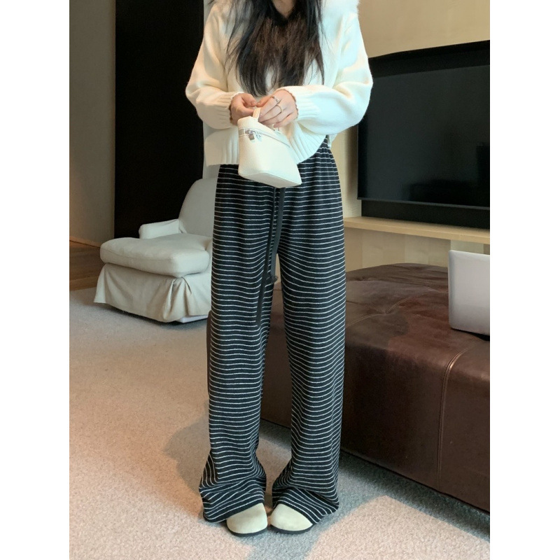 慵懒感条纹直筒遛弯裤垂感毛巾裤女秋季加厚垂感休闲羊绒阔腿裤|undefined