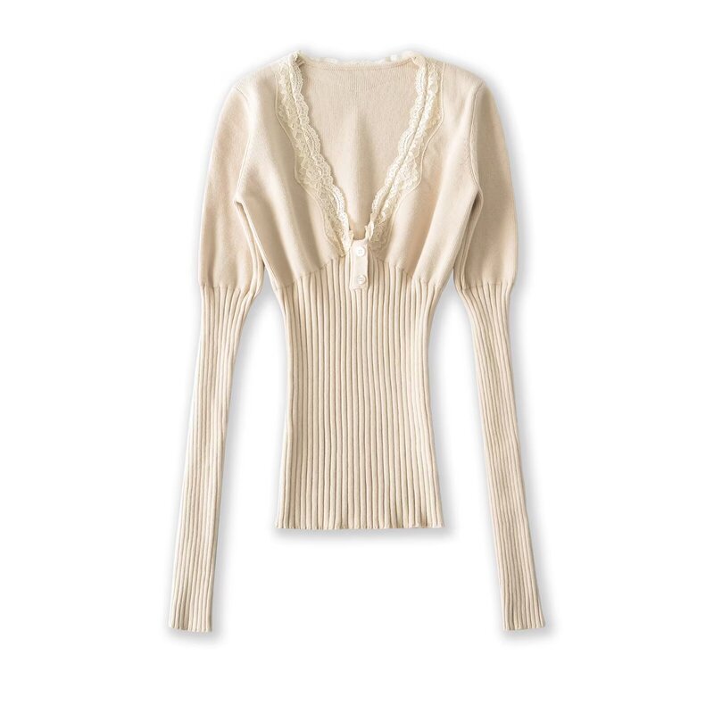 European and American Style Retro V-Neck Lace Long-Sleeved Knitted T-Shirt for Women, New Spring Product, Slim-Fitting Waist-Cinching Slimming Base Shirt Top European and American Style Retro V-Neck Lace Long-Sleeved Knitted T-Shirt for Women, New Spring Product, Slim-Fitting Waist-Cinching Slimming Base Shirt Top