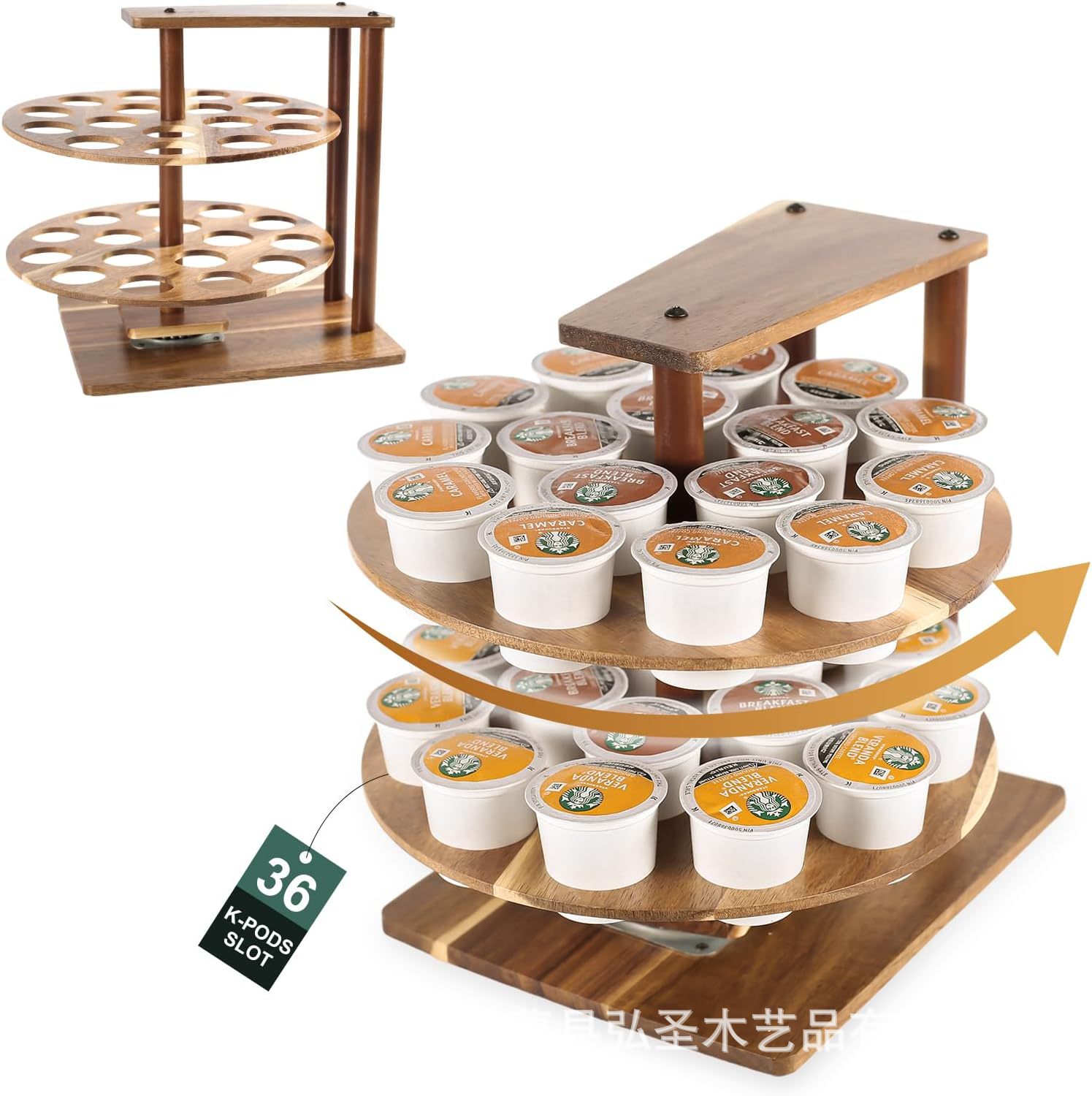 Soporte de café de madera, encimera, soporte de almacenamiento de cápsulas de café, gabinete de estación de café giratoria de doble capa, soporte de almacenamiento de madera maciza