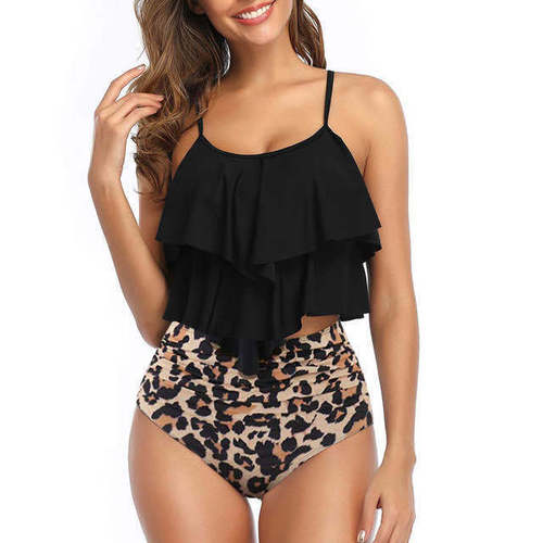 European and American split-style women's leopard print high-waisted halter vacation-style bikini