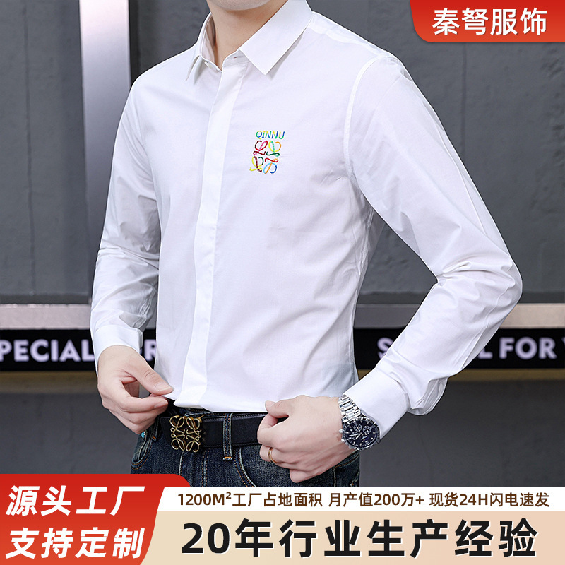 Light Luxury Slim-Fit Men's Long-Sleeved Shirt Youth Fashion Style Shirt Casual Stand-Up Collar High-End Business Formal Wear