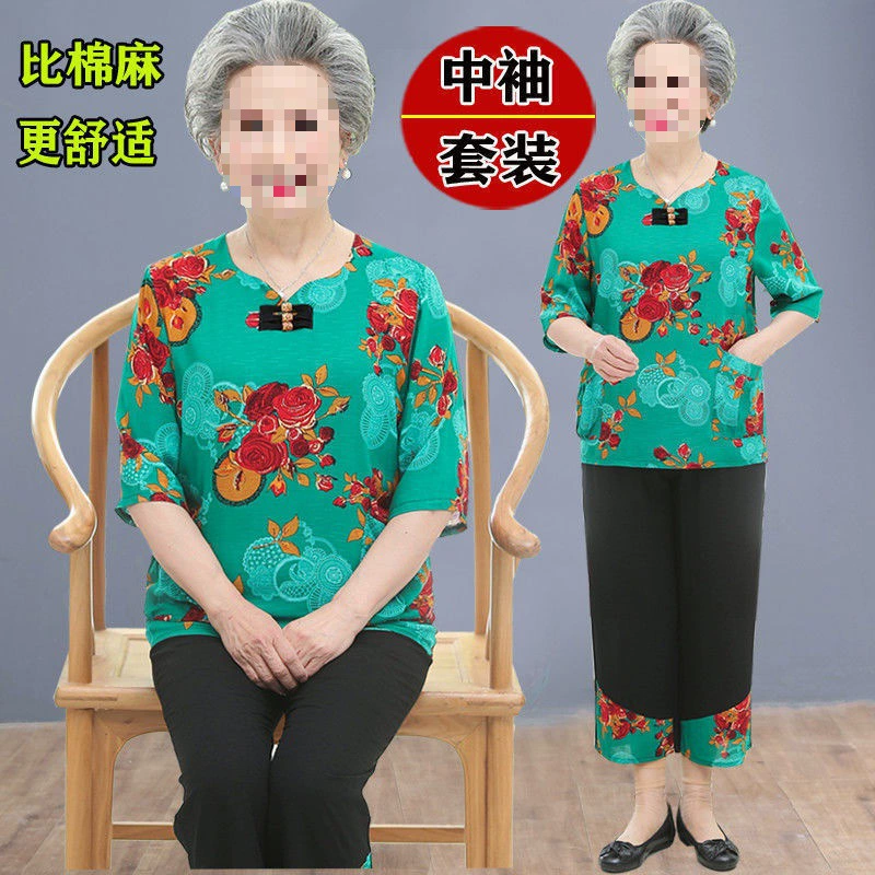 Комплект для мамы, летняя одежда для пожилых, с коротким рукавом, хлопок и лен, для среднего возраста