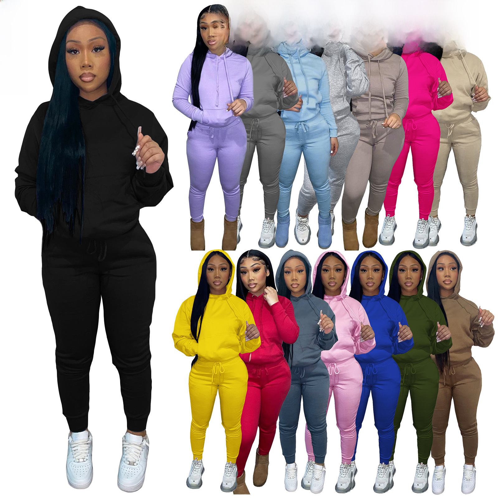 HR8197 European and American women's clothing  independent station supply autumn and winter plus velvet drawstring hooded two-piece set_voghion.com