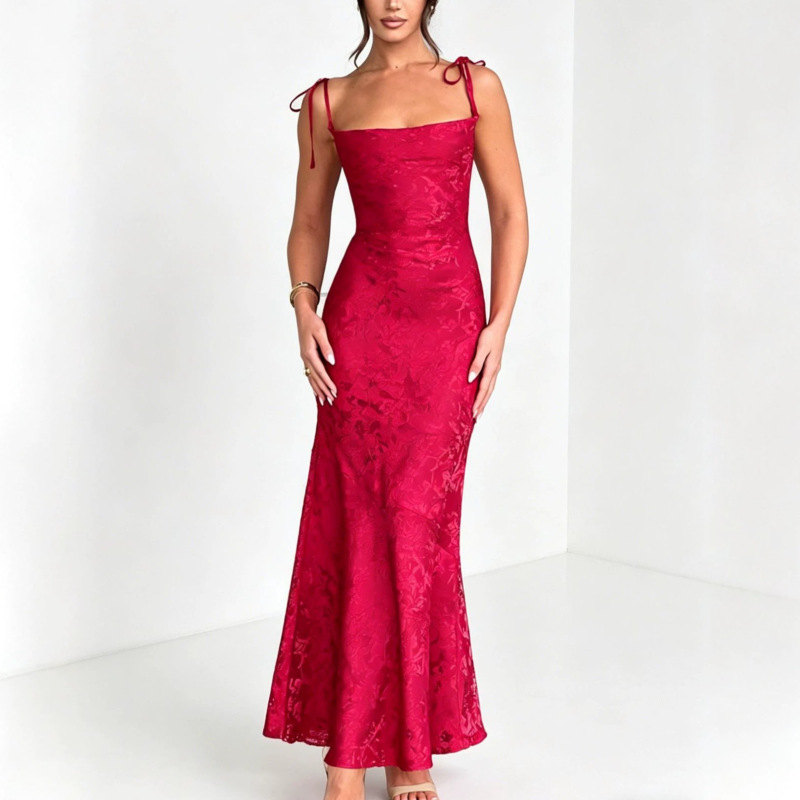 2026 European and American cross-border jacquard strap slim-fit long dress, elegant lady's evening gown, seaside vacation dress