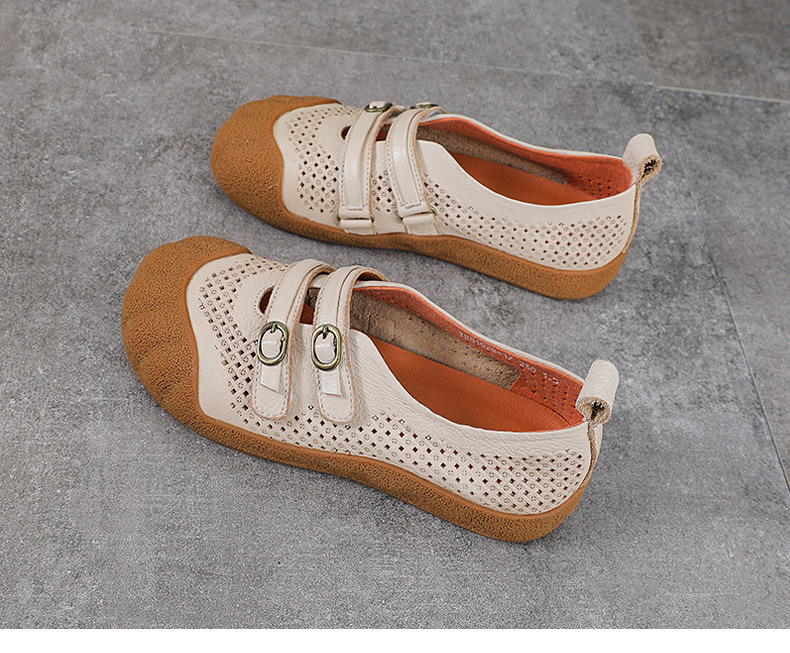 Sandal nữ da bò thật phong cách cổ điển, đế bệt, mũi kín, thiết kế thoáng khí họa tiết rỗ — màu nâu chi tiết 15