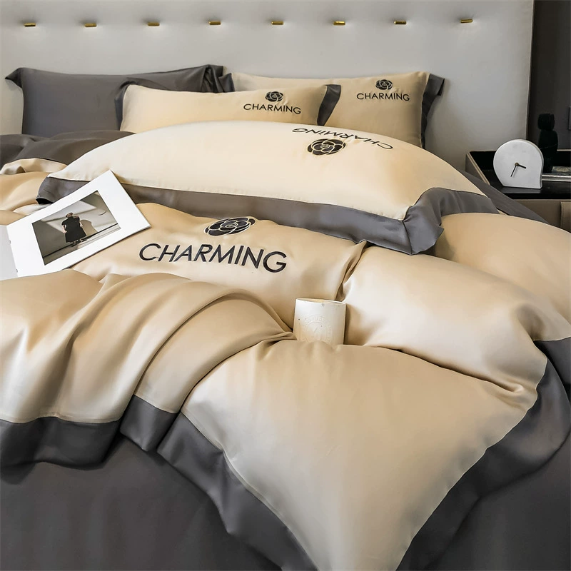 Легкий роскошный комплект из четырех предметов из стираного ледяного шелка, высококачественные простыни с вышивкой, пододеяльник, простыни на подкладке, летнее постельное белье из трех предметов оптом