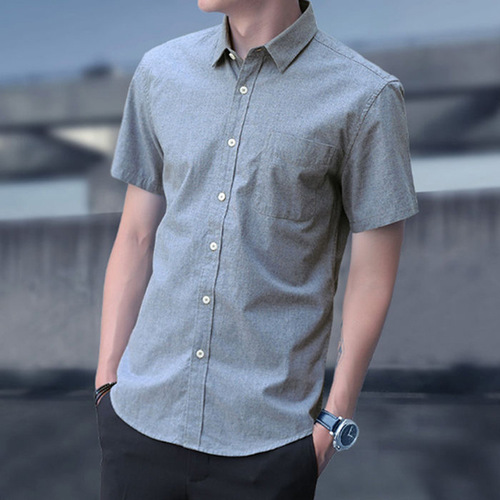 Men's Summer New Han Style Casual Short Sleeve Oxford Fabric White Shirt with 5-Button Cuff, Trendy
