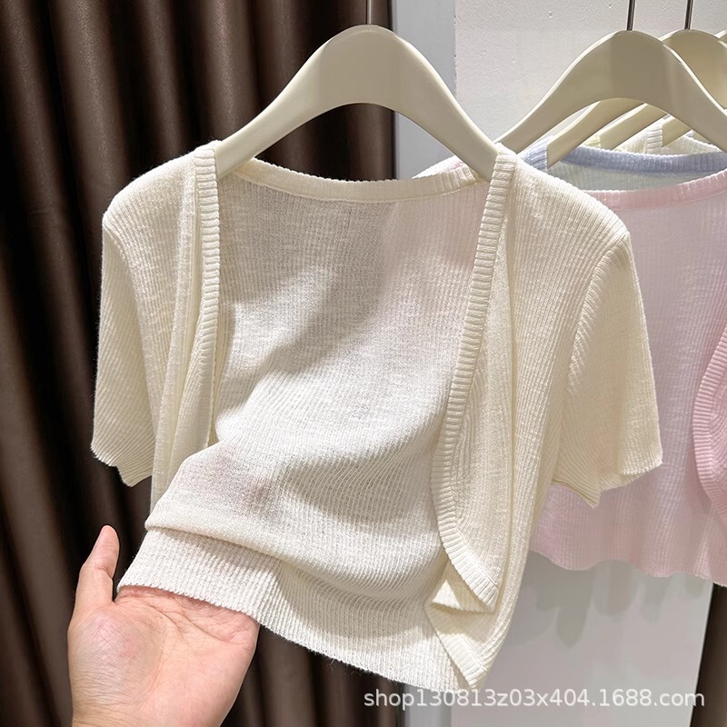 サスペンダースカートと女性用ショートカーディガン、夏用薄手半袖白日焼け止めブラウス、通気性のあるアイスシルクニットトップ|undefined