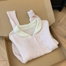 粉色爱心勾花毛衣女2025秋新款韩版宽松甜美温柔风针织衫上衣外套