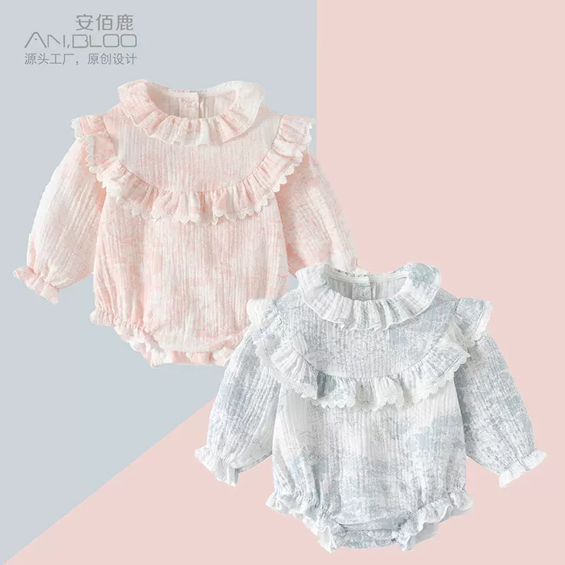 婴儿装中国风春装新款水墨画长袖公主爬服甜美纯棉连体衣宝宝衣服