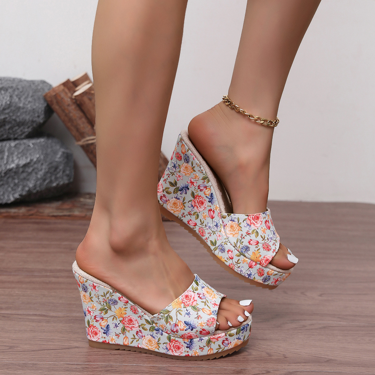 Women's Floral Sandals Summer Peep Toe Wedge Thick Sole European American Style Plus Size Shoes For Outdoor Wear_vogvips.com