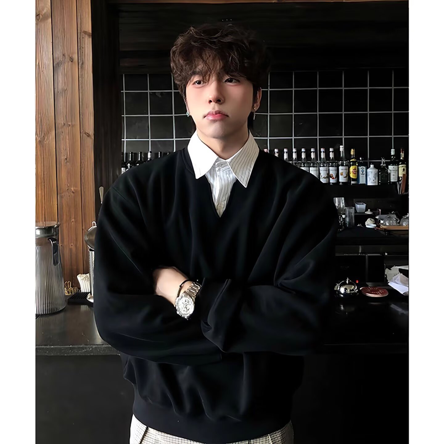 Falsa camisa polo de cuello V camisa a cuadros de hombre empalmado viejo estilo de dinero coreano otoño invierno fábrica transfronteriza al por mayor