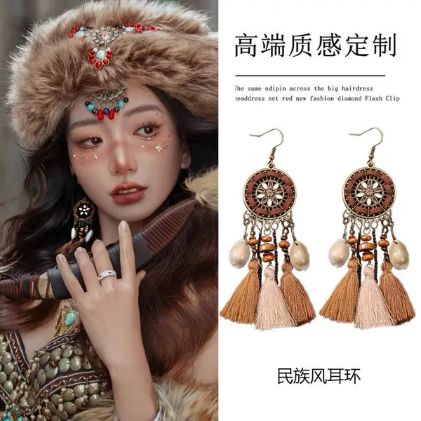 Retro ethnic-style tassel earrings, fashionable and chic, dopamine-inducing bohemian earrings, new Chinese-style accessories for a vacation look