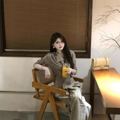 慵懒感宽松通勤百搭系带气质简约显瘦长袖衬衫女条纹阔腿裤套装
